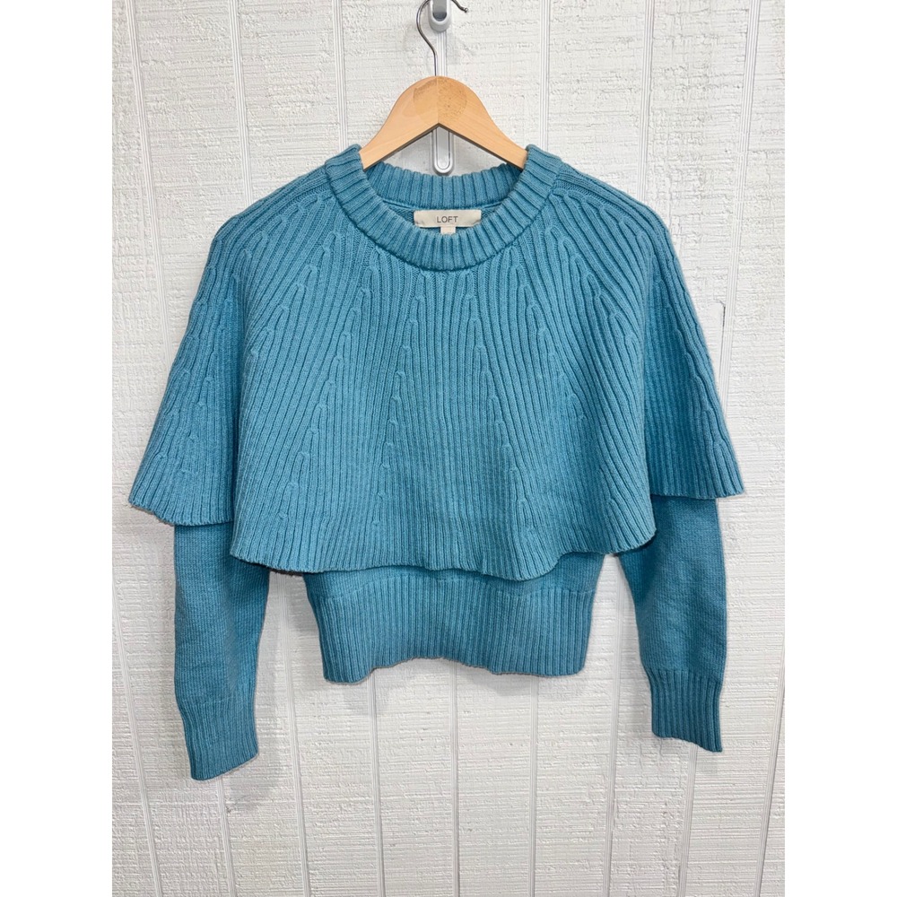 Loft Sweater Women Blue Layered Capelet Ribbed Knit Crew Neck NWT S